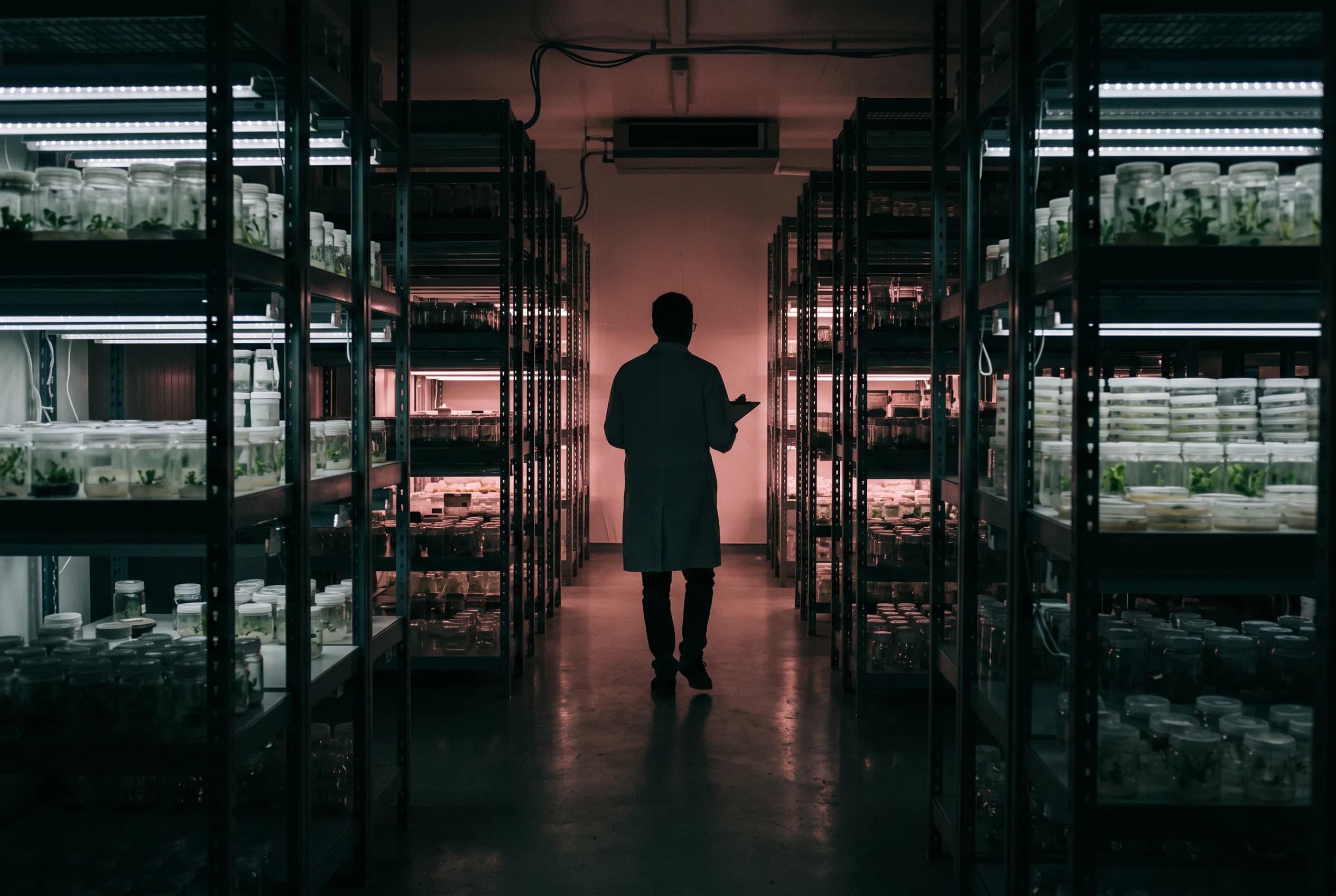 A lab worker walking down an aisle of tissue culture shelves